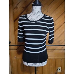 White House Black Market Striped Keyhole Back Knit Top Black White Small